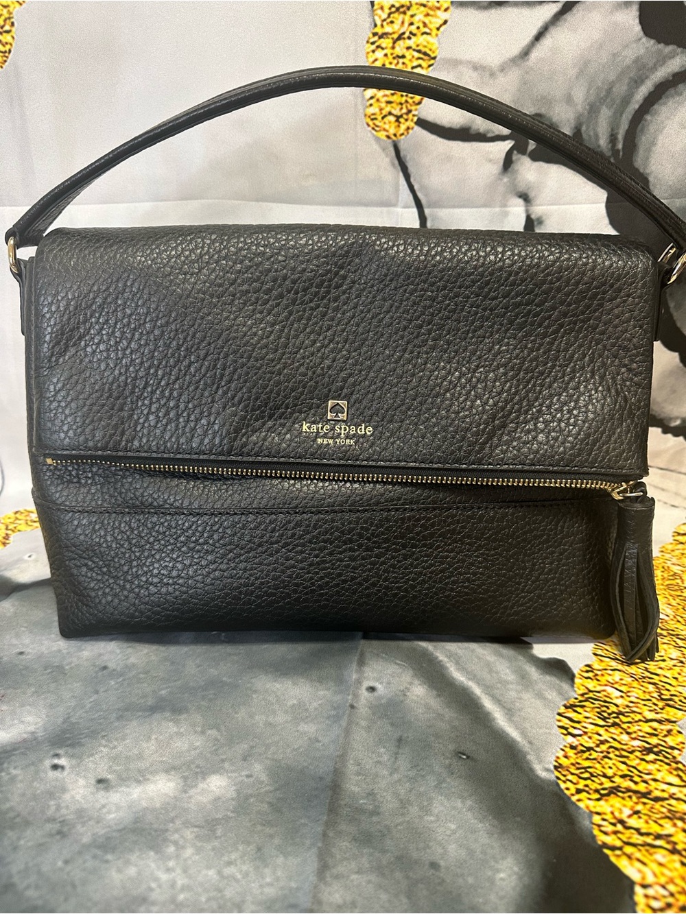 Kate Spade Black Pebbled Leather Fold-Over Shoulder Bag